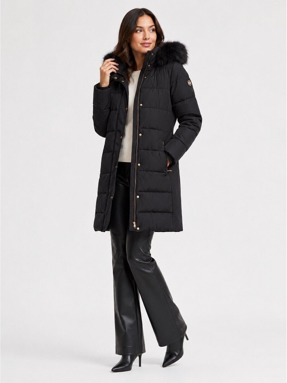 Michael Kors Women’s Faux Fur Trim Puffer Coat Black Size S NWT